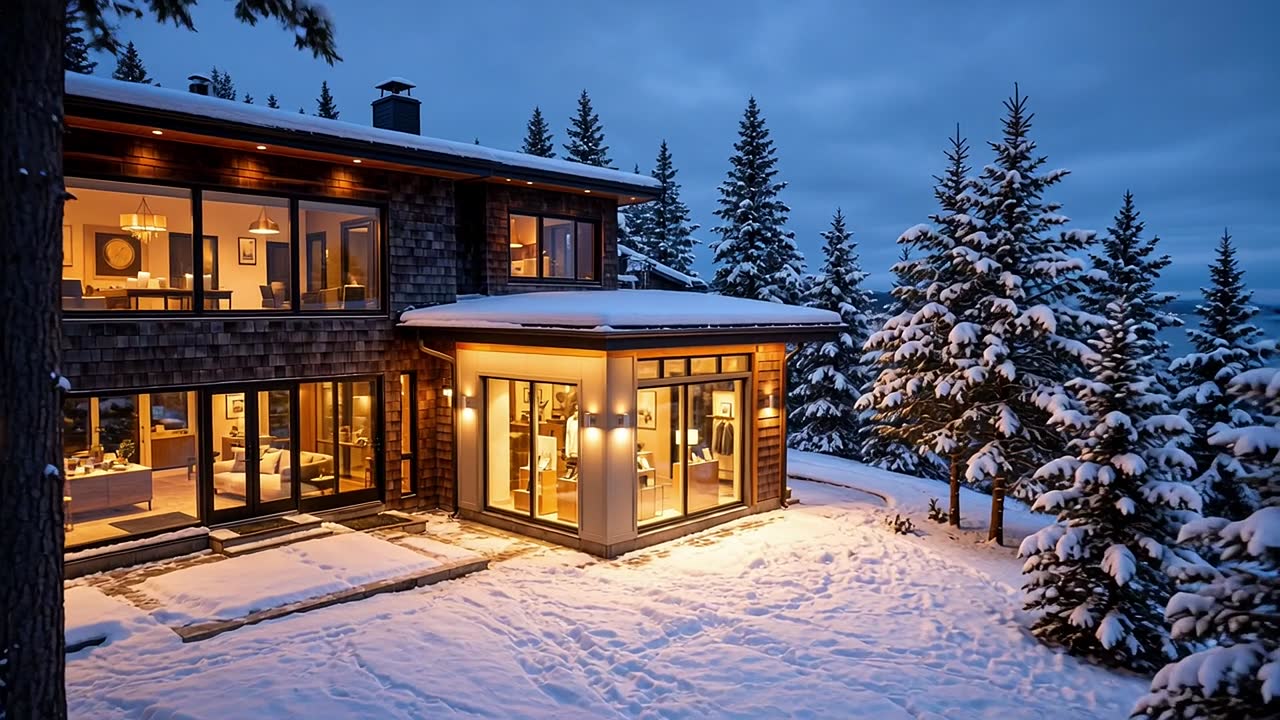 Lakeside home and storefront lights at winter blue hour (illustration)
